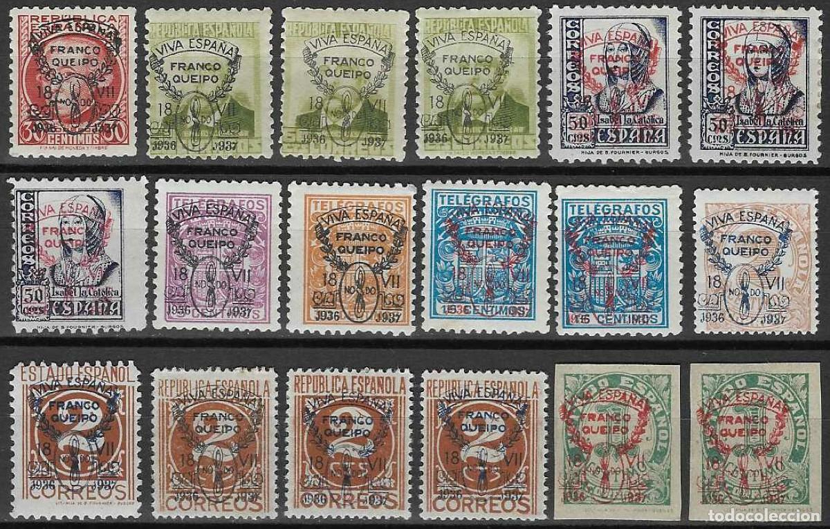 Sellos: SEVILLA 1936-1937. VIVA ESPA&Ntilde;A. FRANCO-QUEIPO (LOTE DE 18 SELLOS).