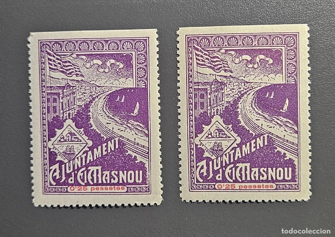 Sellos: EL MASNOU (Barcelona) 1937 - Dos Sellos de 0,25 Pts Violeta - Numerados al Dorso - Nuevos (** MNH)