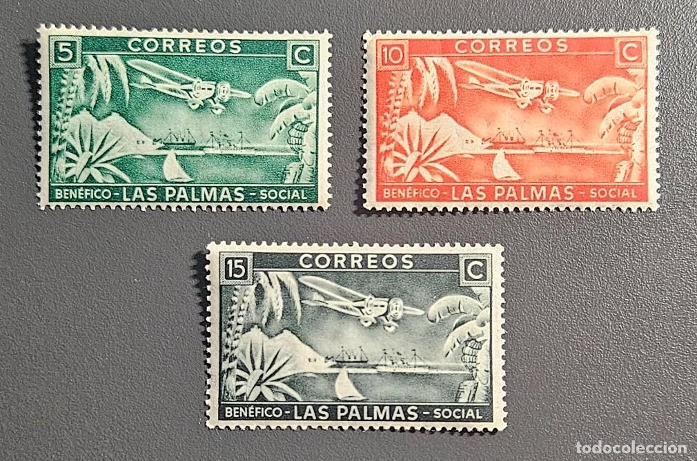 Sellos: LAS PALMAS 1937 - Serie Completa de 3 Sellos &rdquo;Ben&eacute;fico Social&rdquo; (5, 10 y 15 Cts). Nuevos (** MNH)