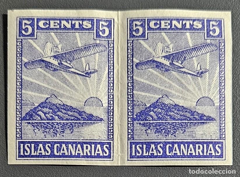 Sellos: GUERRA CIVIL 1937 - Pareja sin dentar de Canarias (5 cts) &rdquo;Avi&oacute;n sobre el Teide&rdquo; Nueva (** MNH)
