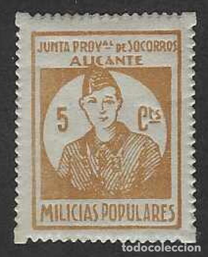 Sellos: ALICANTE. JUNTA PROVINCIAL DE SOCORROS. MILICIAS POPULARES. 5 CTS.