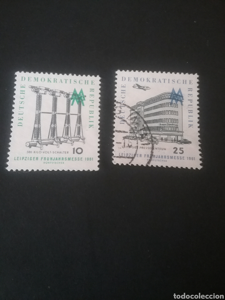 Sellos: Sellos de Alemania, R. D. (DDR) mtdos +/- se&ntilde;al bisagra. 1961. Avion. Interruptor. Edificio.Comercio - Foto 1