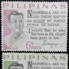 Sellos: 1963. HISTORIA. FILIPINAS. 587 / 588. PRESIDENTE RAMÓN MAGSAYSAY. SERIE COMPLETA. USADO.