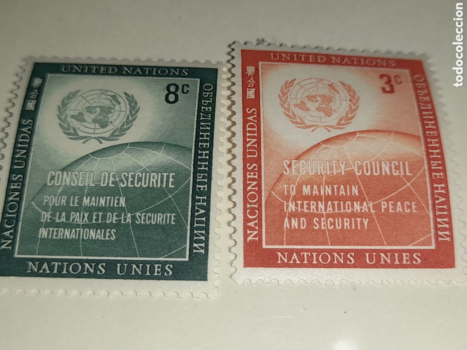 Sellos: Sello N. Unidas, N. York nuevo 1957. Consejo seguridad. Emblema. Globo terr&aacute;queo. Espacio.