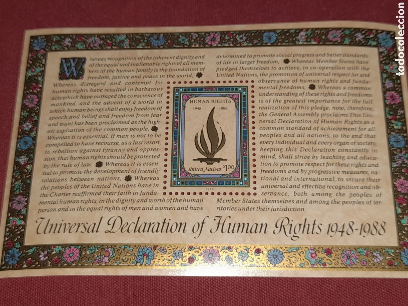 Sellos: HB N. Unidas, N. York nuevo 1988. 40Aniv declaraci&oacute;n derechos humanos. Llama. Emblema.