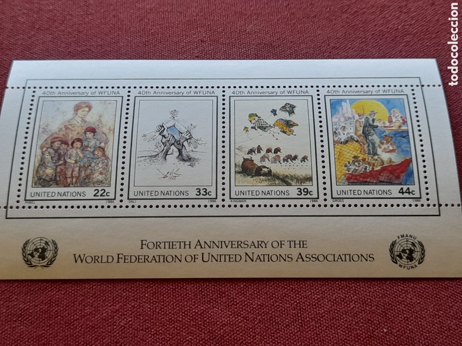 Sellos: HB N. Unidas, N. York nuevo 1986. 40Aniv Federaci&oacute;n inter ONU. Gente. Barco. Cometas. Juegos. Brazos