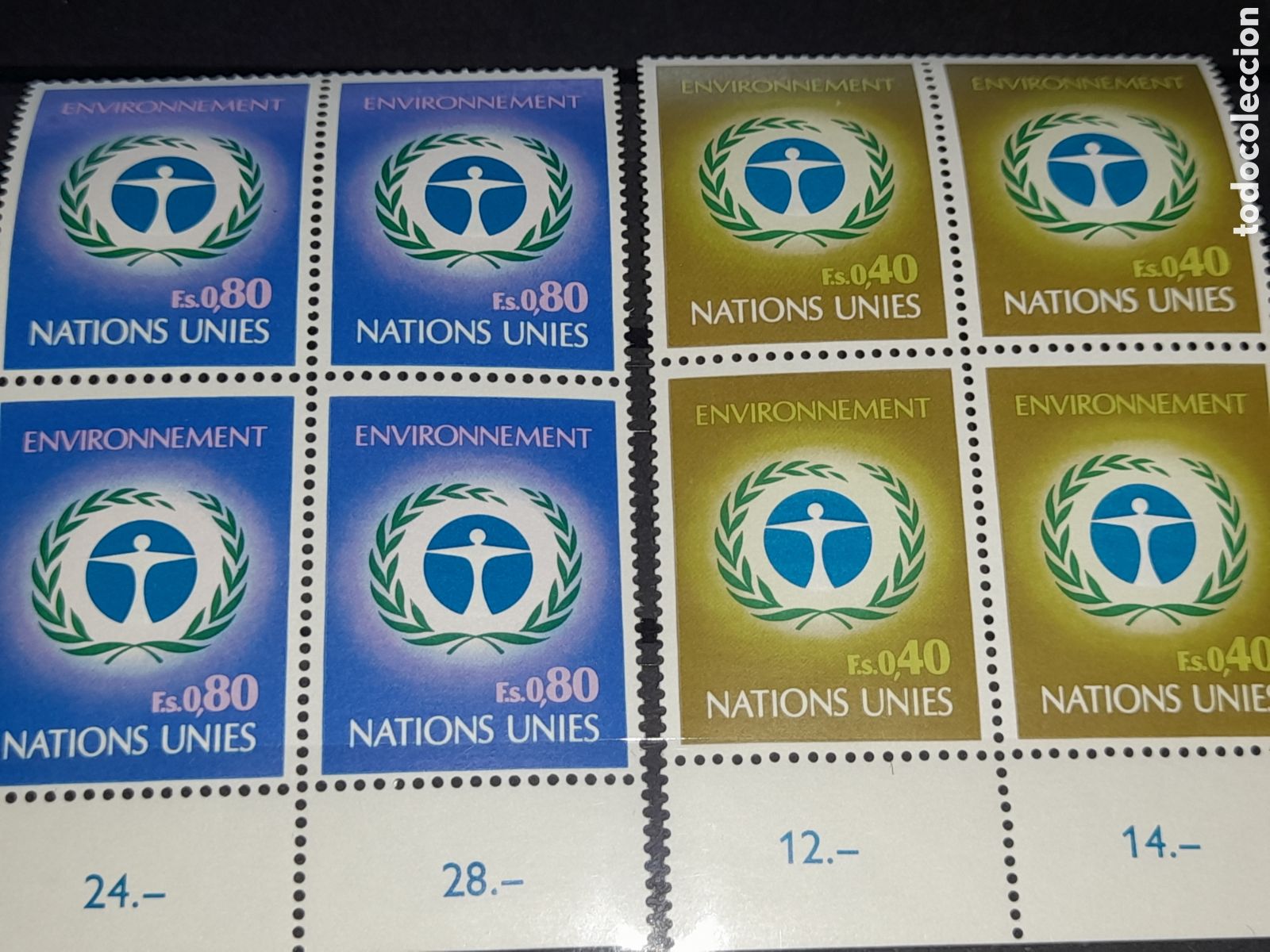 Sellos: Sello N. Unidas, Ginebra nuevo 1972. Conferencia inter medio ambiente. Emblema. Rama laurel.