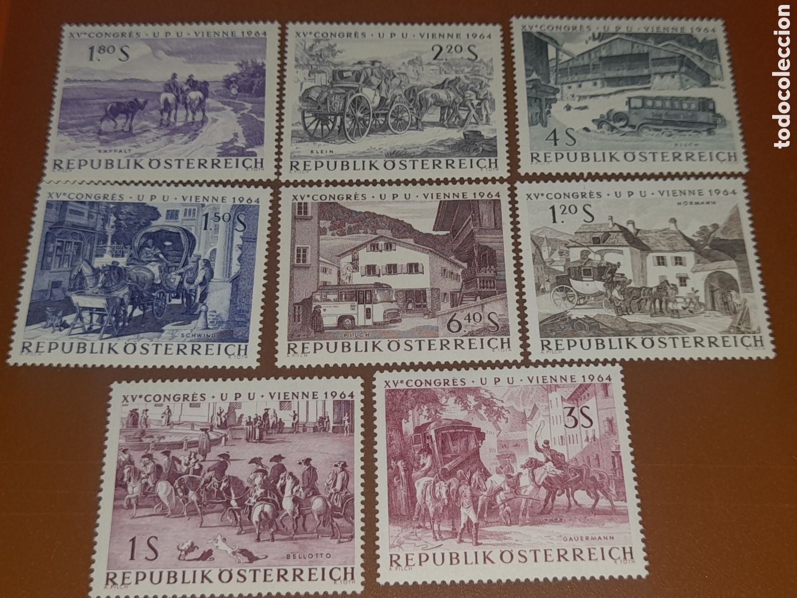 Sellos: Sello Austria nuevo 1964. 15 Congreso U.P.U Viena. Carrua je. Caballos. Arquitectura. Naturaleza. Vi