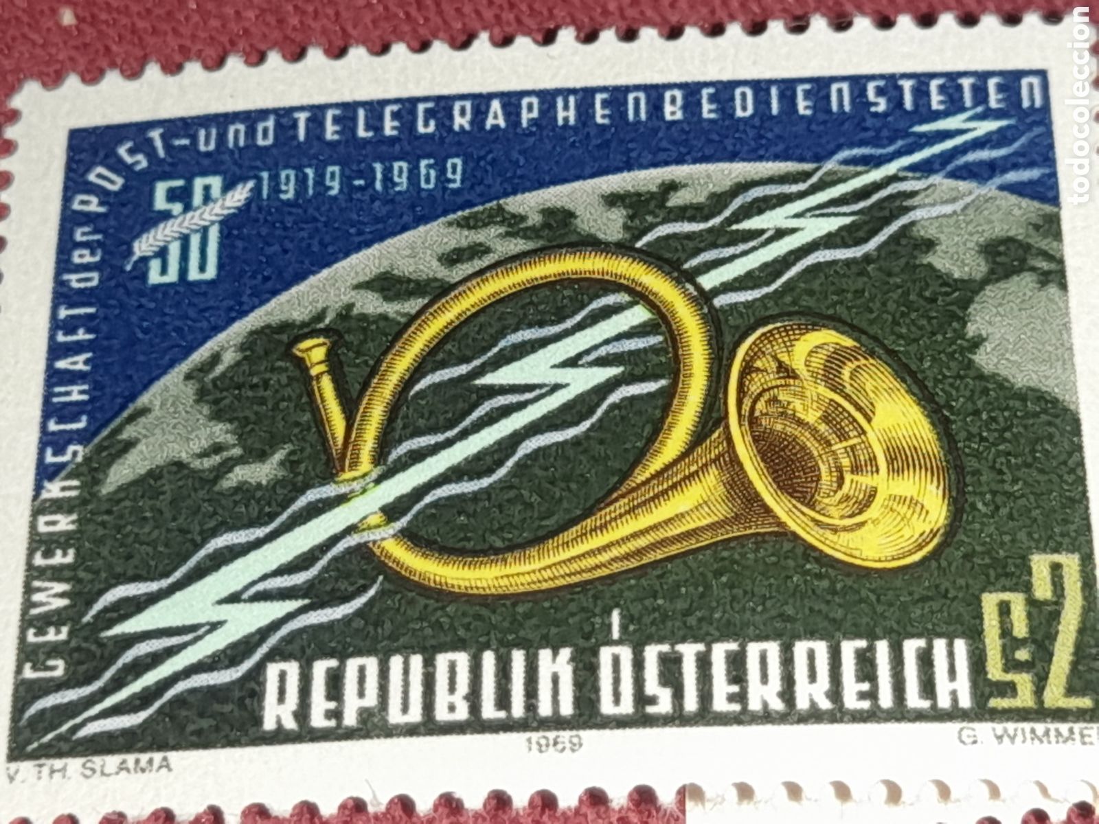 Sellos: Sello Austria nuevo 1969. 50Aniv sindicato correos, tel&eacute;grafo. Clar&iacute;n. Trompeta. Globo terr&aacute;queo.