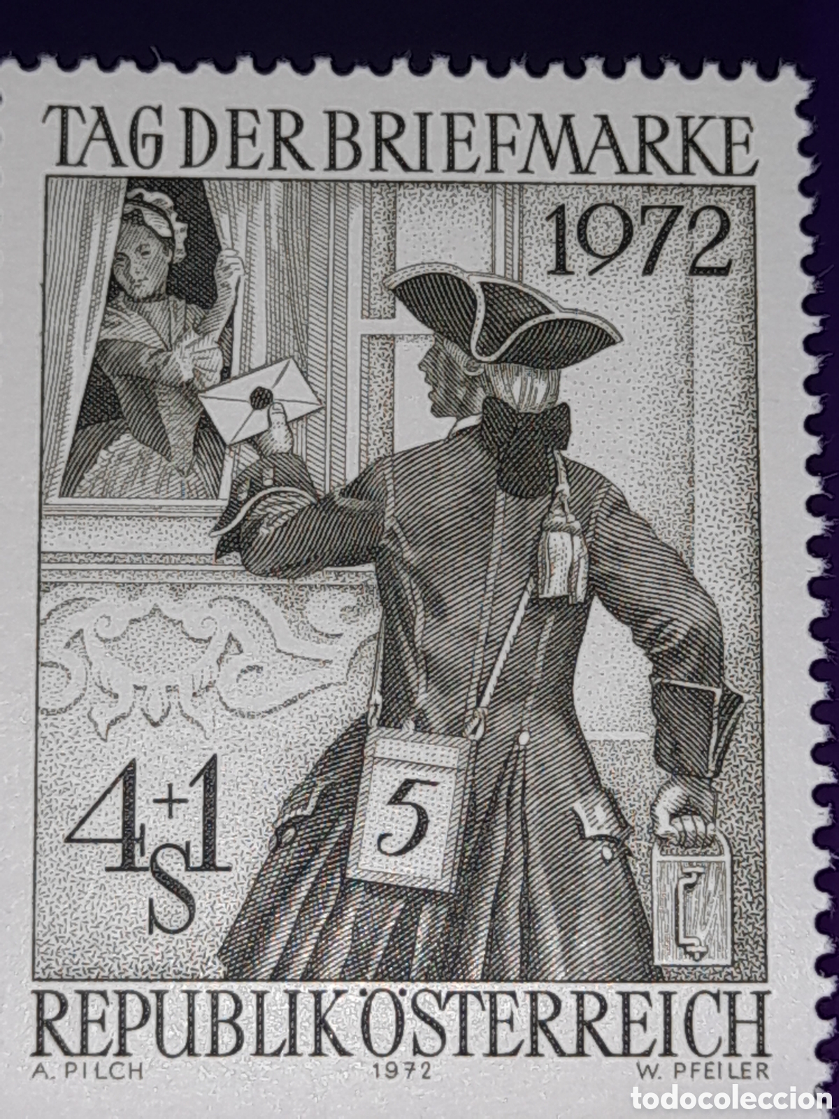 Sellos: Sello Austria nuevo 1972. D&iacute;a del sello. Historia. Cartero. Uniforme. Disfraz. Comunicacuones