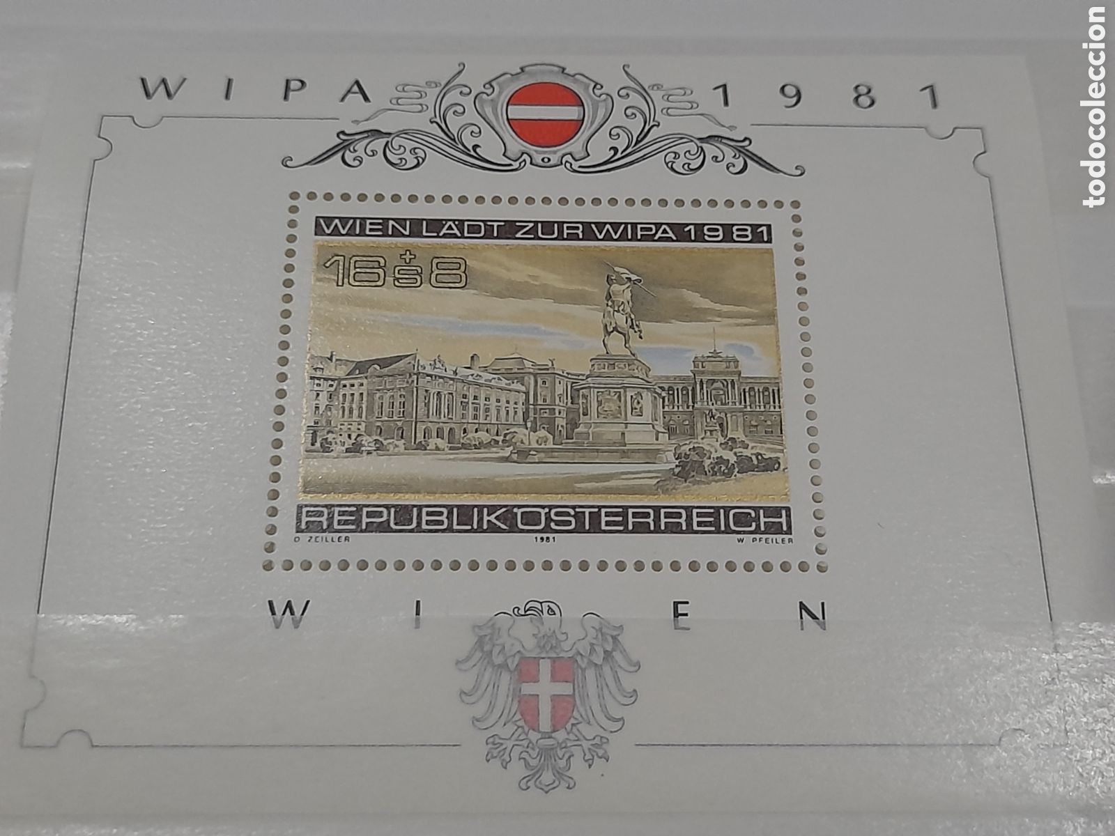 Sellos: HB Austria nuevo 1981. Exp Filt Inter. WIPA,81. Escultura. Caballo. Estatua. Plaza. Arquitectura. Vi