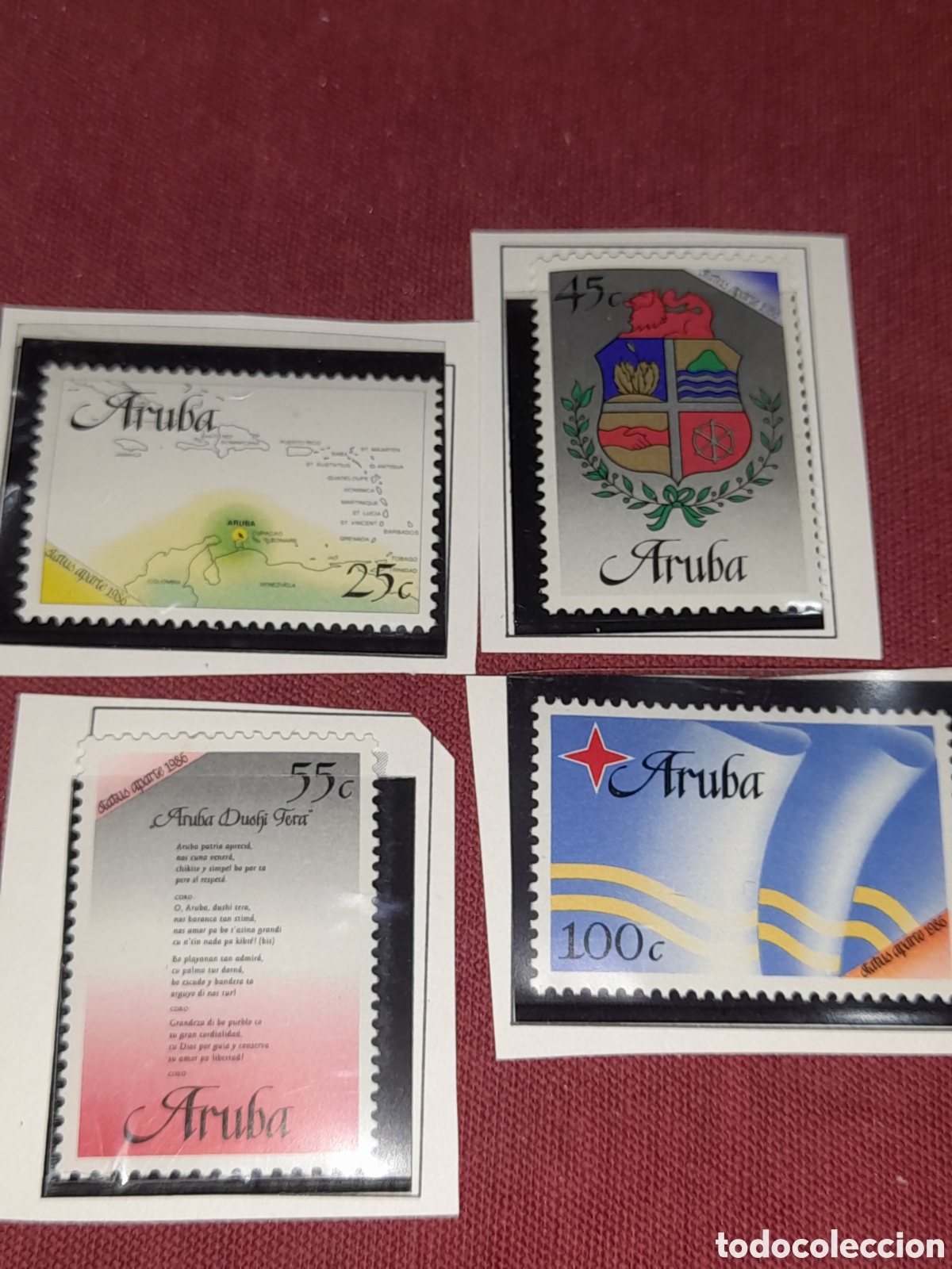 Sellos: Sello Aruba nuevo 1986. Nueva Constituci&oacute;n. Historia. Escudo armas. Cartograf&iacute;a. Leyes. Bandera Mapa