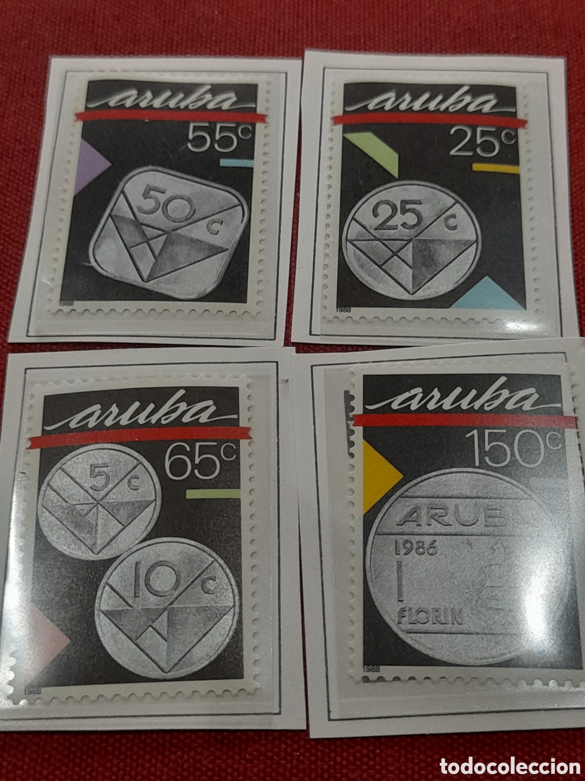 Sellos: Sello Aruba nuevo 1988. Sistema monetario. Monedas. Numism&aacute;tica. Coleccionismo. Metal. Dinero.