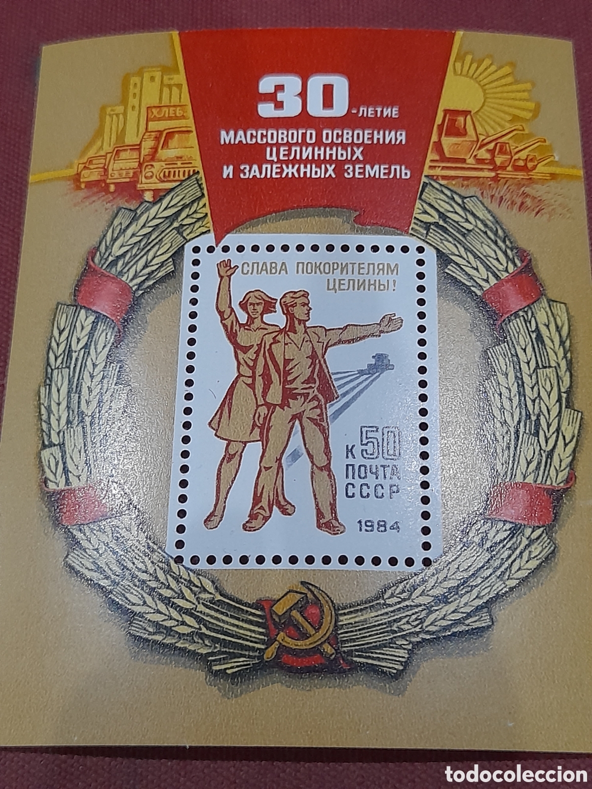 Sellos: HB Rusia nuevo 1984. 30Aniv desarrollo territorios deshabitadas. Gente. Familia. Corona laurel. His