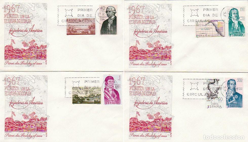 Sellos: EDIFIL 1819/26, FORJADORES DE AMERICA 1967, PRIMER DIA 12-10-1967 EN CUATRO SOBRES ALFIL