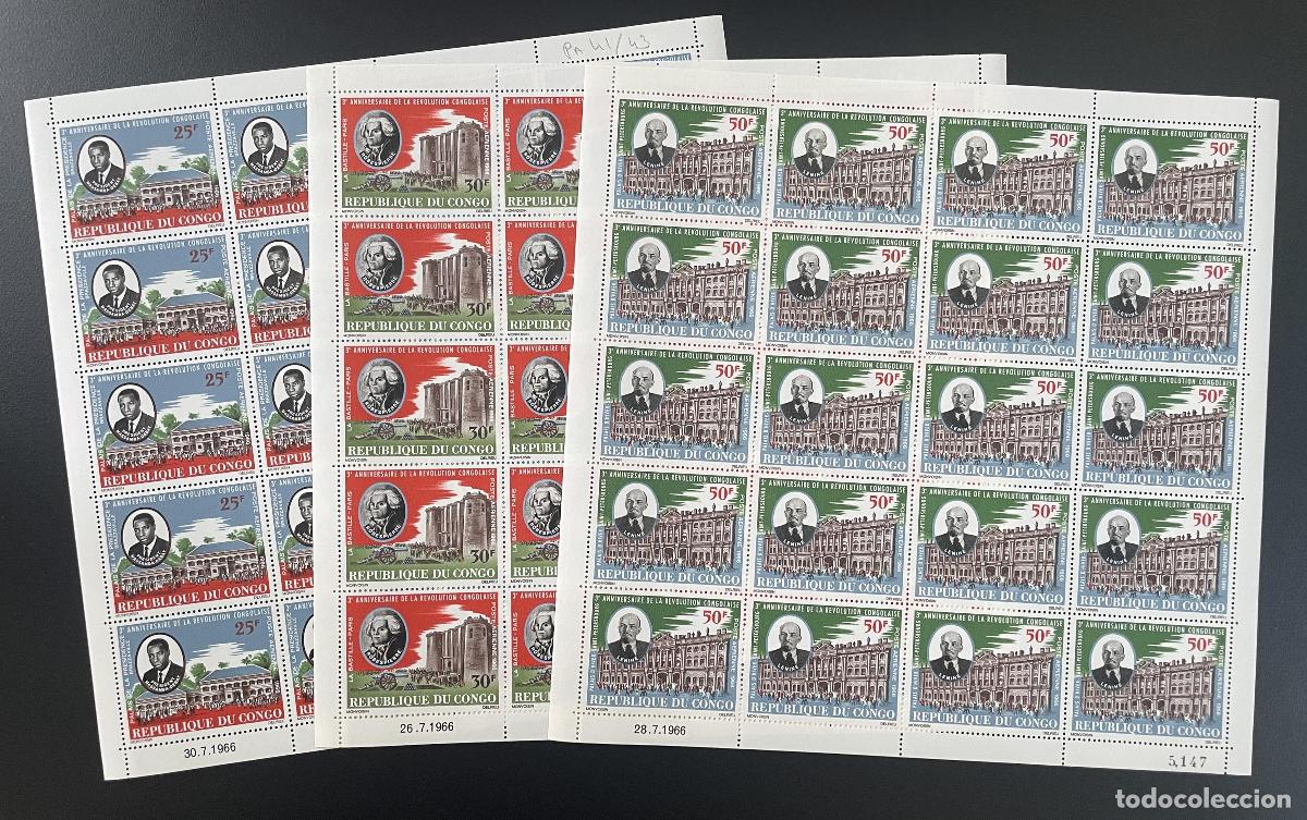 Sellos: Congo 1966 YT PA 41-43 tabl&oacute;n Revoluci&oacute;n Congole&ntilde;a Lenine Bastille Robespierre