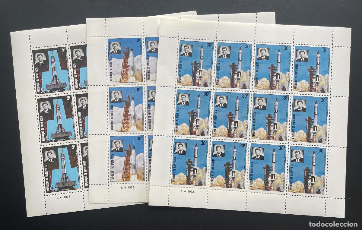 Sellos: Alto Volta 1973 YT 288-290 bloque Kennedy cohete espacio Apollo Gemini Atlas