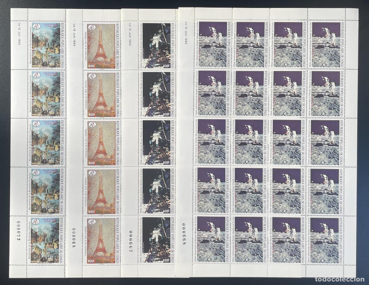 Sellos: Congo 1989 YT PA 385-388 tabl&oacute;n Bastilla Torre Eiffel Apolo Moon Space