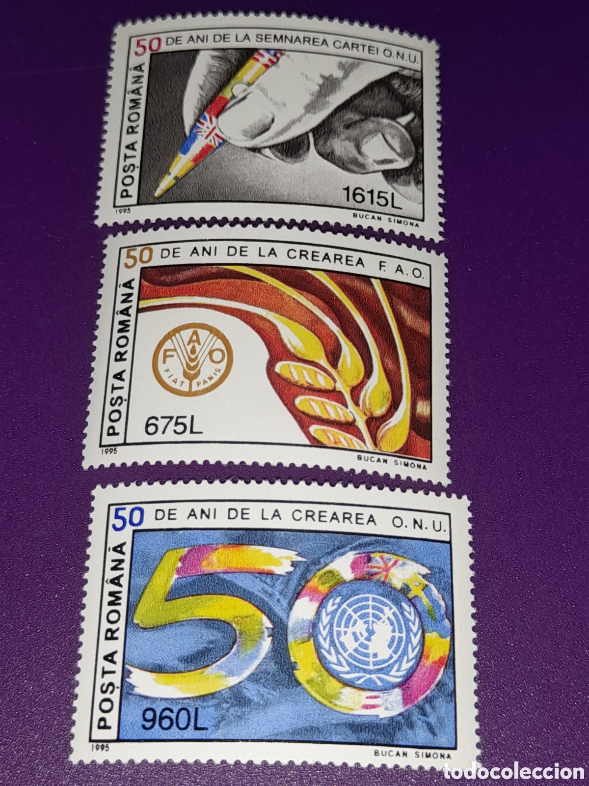 Sellos: Sello Ruman&iacute;a nuevo 1995. 50Aniv Naciones Unidas. Pluma. Espiga. Emblema. Banderas. Historia
