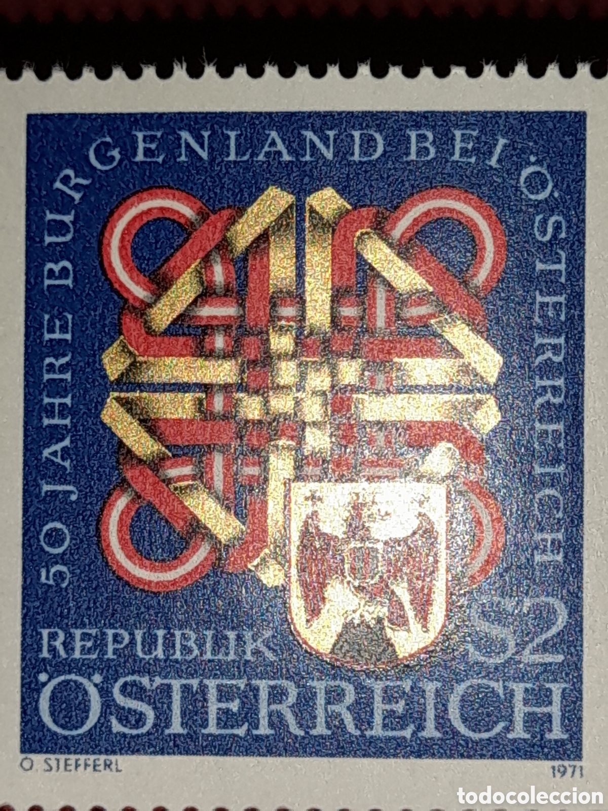 Sellos: Sello Austria nuevo 1971. 50Aniv integraci&oacute;n Burgenpamd. Historia. Escudo armas. &Aacute;guila. Aves. Heral