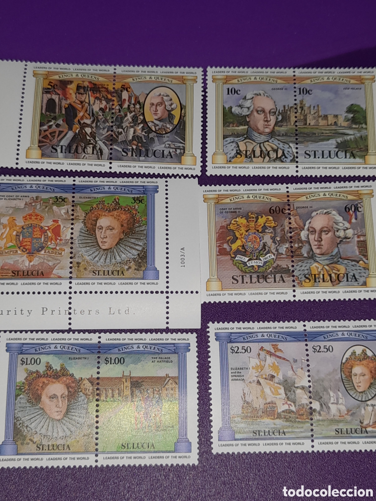 Sellos: Sello S. Luc&iacute;a nuevo 1984. Monarcas brit&aacute;nicos. Historia. Escudo armas. Velero. Palacios. Soldados.