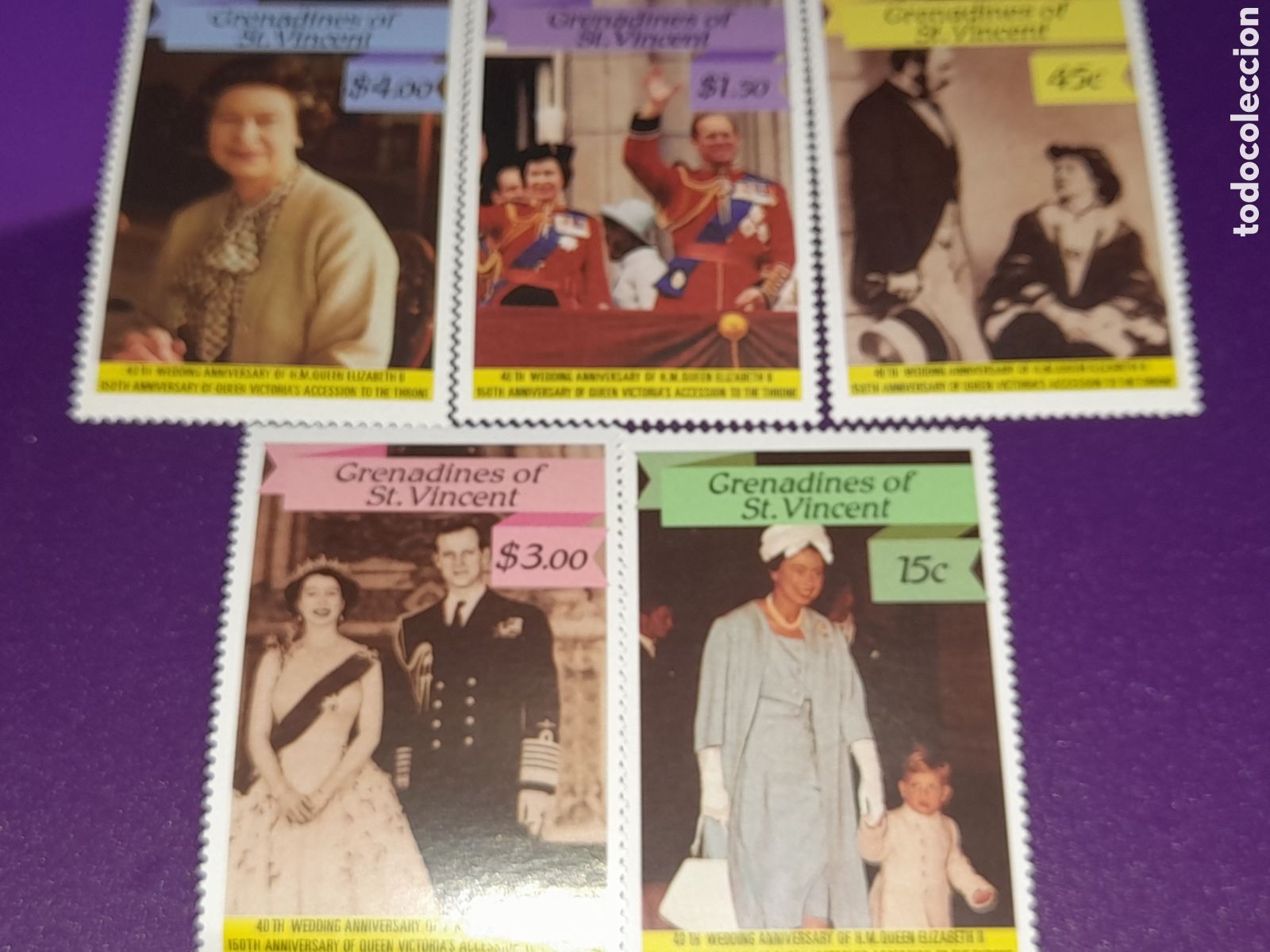 Sellos: Sello Granadinas - S. Vicente nuevo 1987. 40Aniv boda. 150Aniv reinado. Monarqu&iacute;a. Isabel II Reyes