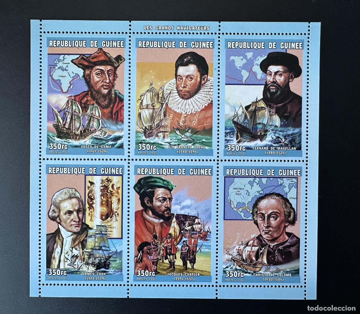 Sellos: Guinea 2001 Mi. 3166 - 3171 Grandes Navegantes Cartier Colomb Col&oacute;n Magallanes