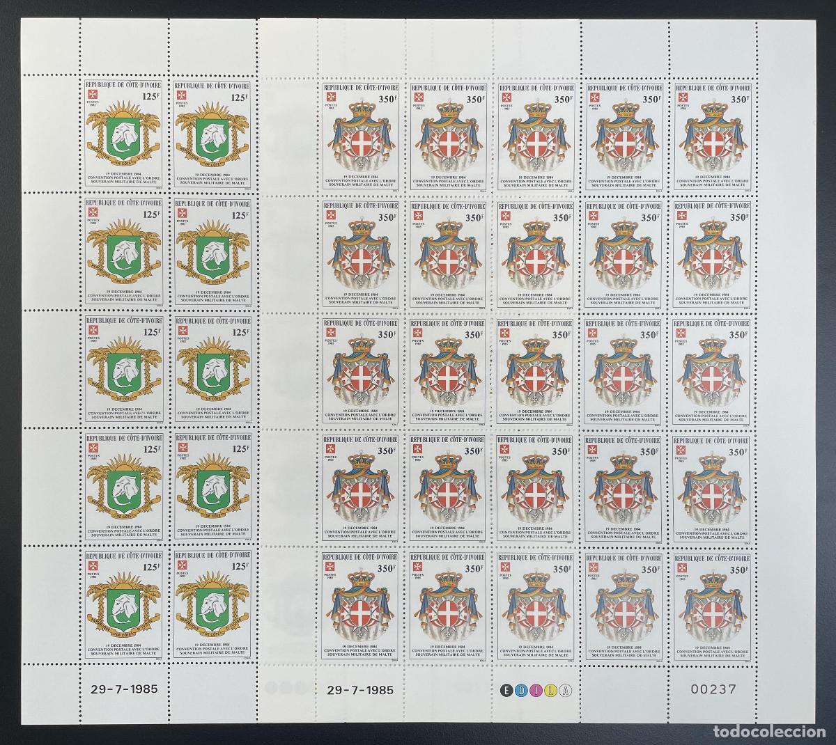 Sellos: Costa de Marfil 1985 YT 725-726 tabl&oacute;n escudo armas Orden Malta her&aacute;ldico