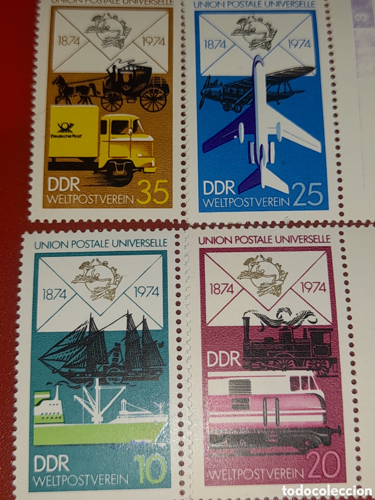 Sellos: Sellos Alemania, DDR nuevo 1974. 100Aniv Uni&oacute;n Postal Universal. Cami&oacute;n. Aviones. Trenes. Barcos. Ve