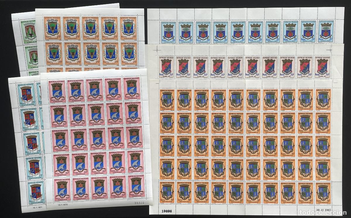 Sellos: Madagascar 1967-1971 YT 437A-440 tabl&oacute;n escudos de armas ciudades
