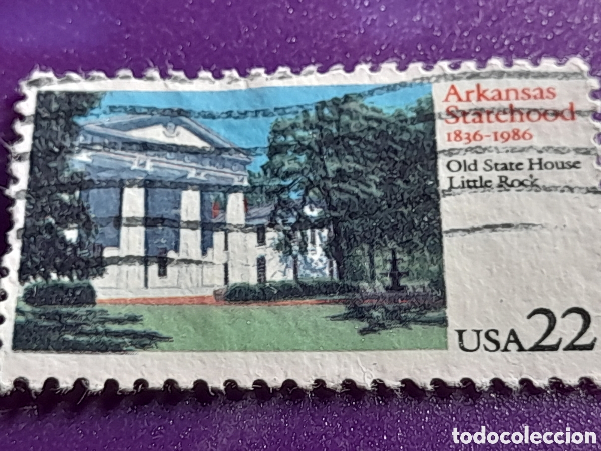 Sellos: Sello Estados Unidos mtdo 1989. 150Aniv integraci&oacute;n Arkansas. Mansi&oacute;n. Casa. &Aacute;rboles. Jard&iacute;n. Histor
