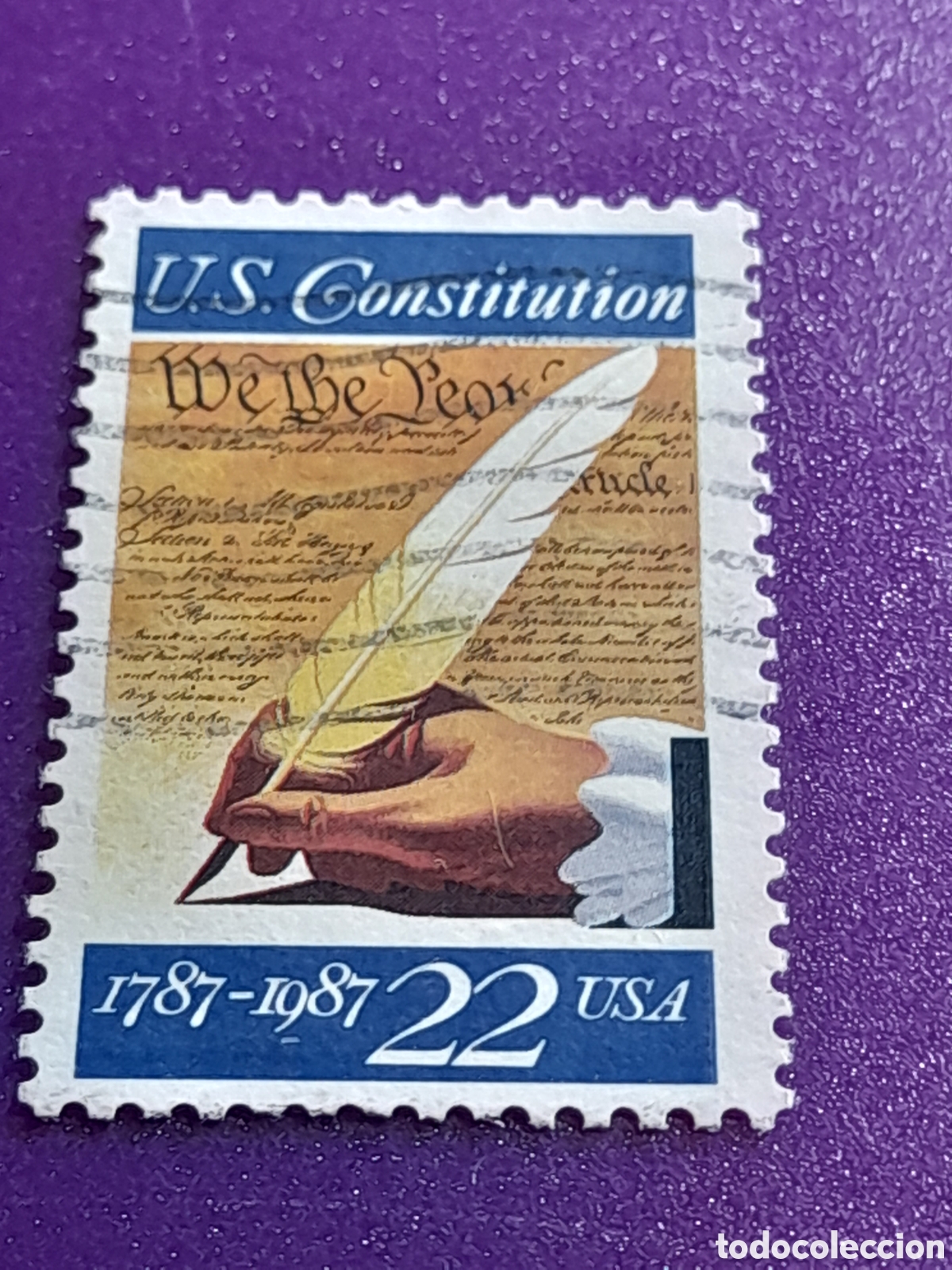 Sellos: Sello Estados Unidos mtdo/udo 1987. 200Aniv Constituci&oacute;n. Pluma. Texto.