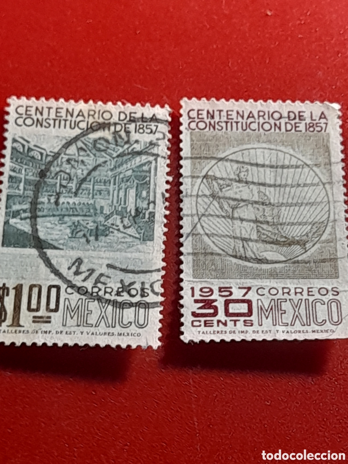 Francobolli: Sello Mexico mtdo/udo 1957.100Aniv Constituci&oacute;n. Arquitectura. Emblema.