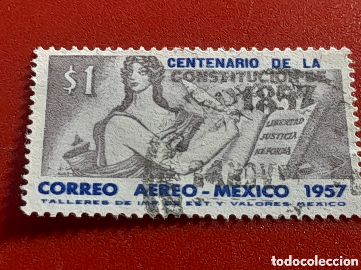 Francobolli: Sello (1/2v) Mexico mtdo/udo 1957. 100Aniv Constituci&oacute;n. Mujer, pluma.