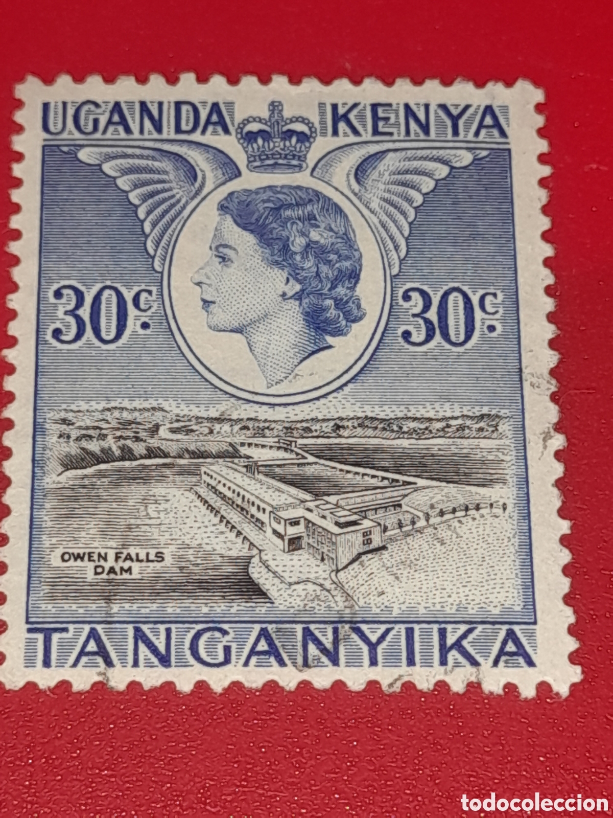 Sellos: Sello (1/7) Kenia - Uganda - Tanganika mtdo 1954. Isabel II. Corona. Arquitectura