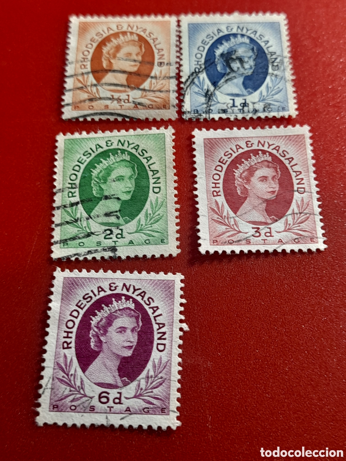 Sellos: Sello (5/10v) Rhodesia - Nyasalandia mtdo/udo 1954. Isabel II. Reyes. Reunas. Monarqu&iacute;a. Historia.