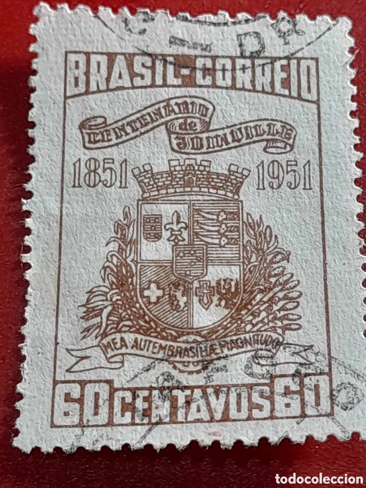 Selos: Sello Brasil mtdo/udo 1951. 100Aniv cuidad Joinville. Esxudo armas. Her&aacute;ldica. Historia.