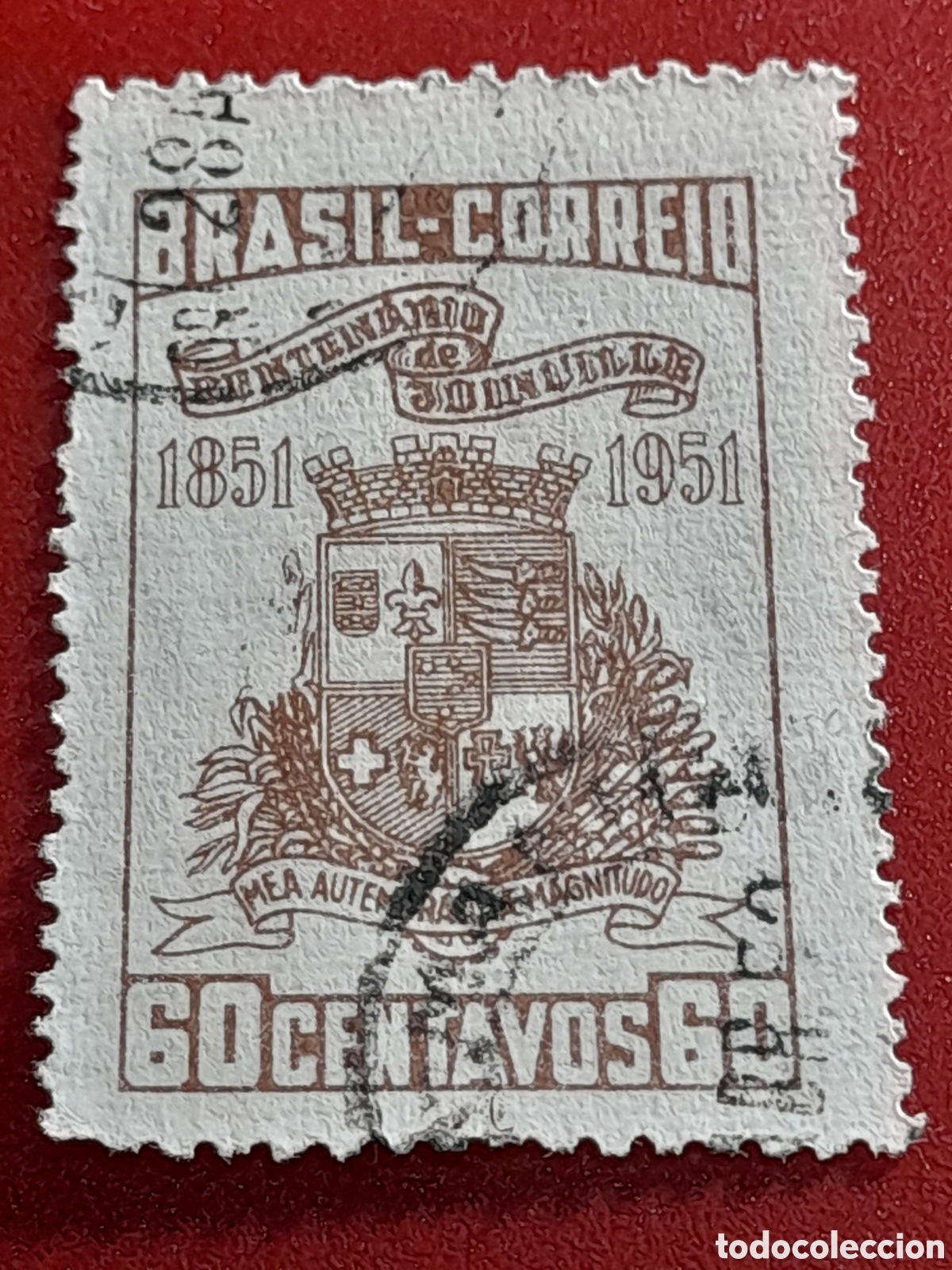 Selos: Sello Brasil mtdo/udo 1951. 100Aniv cuidad Joinville. Esxudo armas. Her&aacute;ldica. Historia.