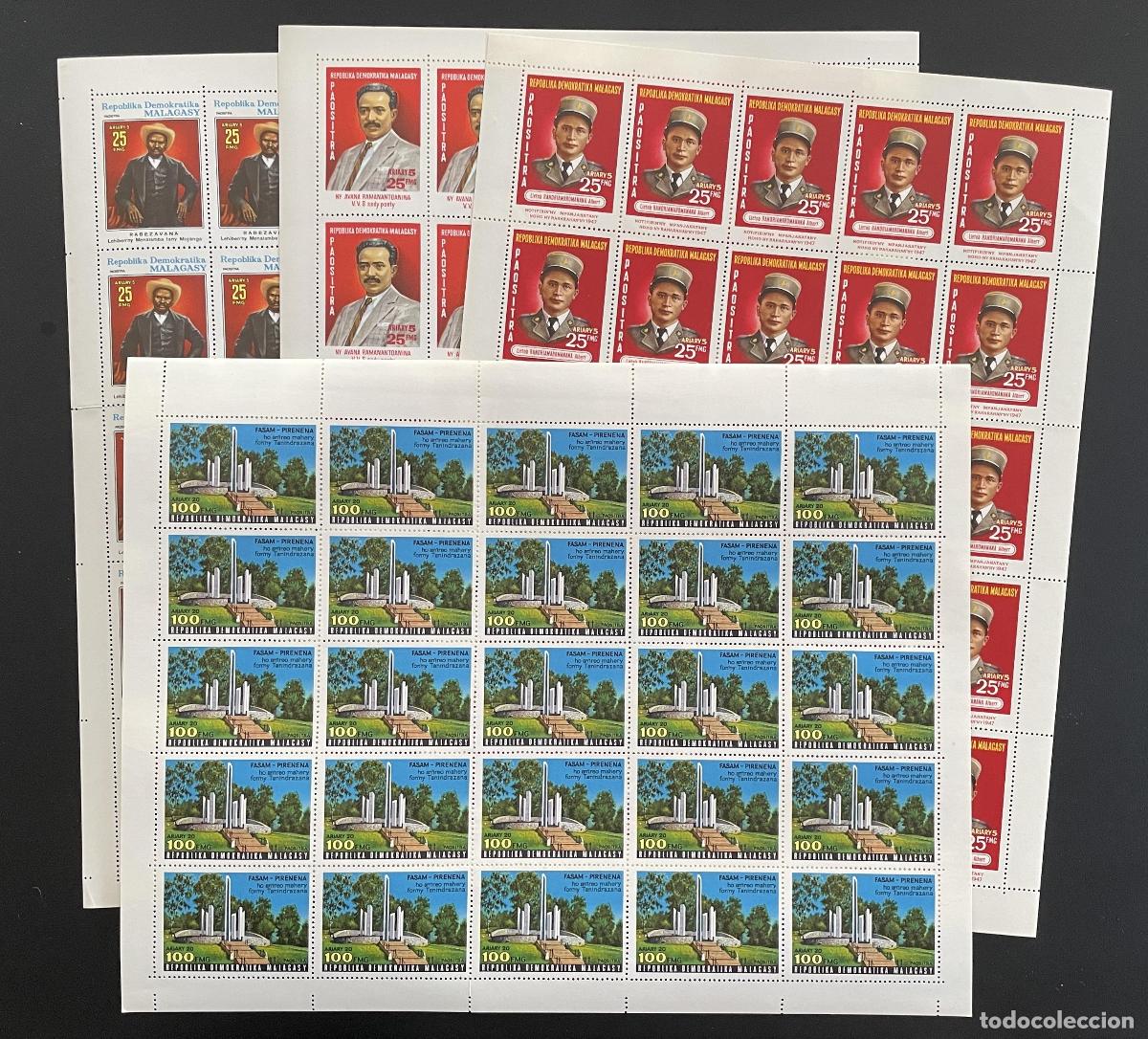 Sellos: Madagascar 1977 YT 611-614 bloque h&eacute;roes nacionales monumento FASAM