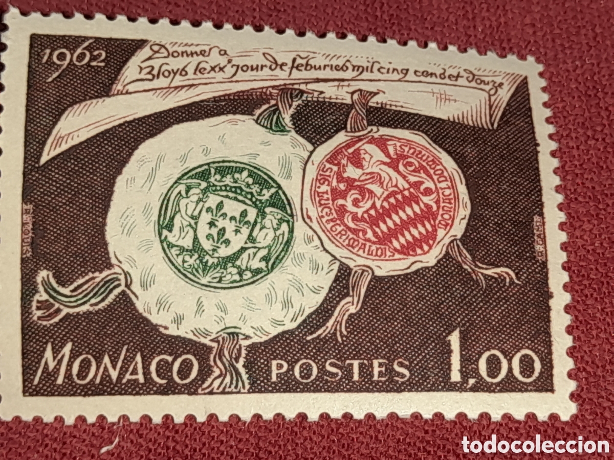 Sellos: Sello (1/3v) M&oacute;naco nuevo 1962. 450Aniv soberan&iacute;a. Escudo armas. Certificado. Historia.