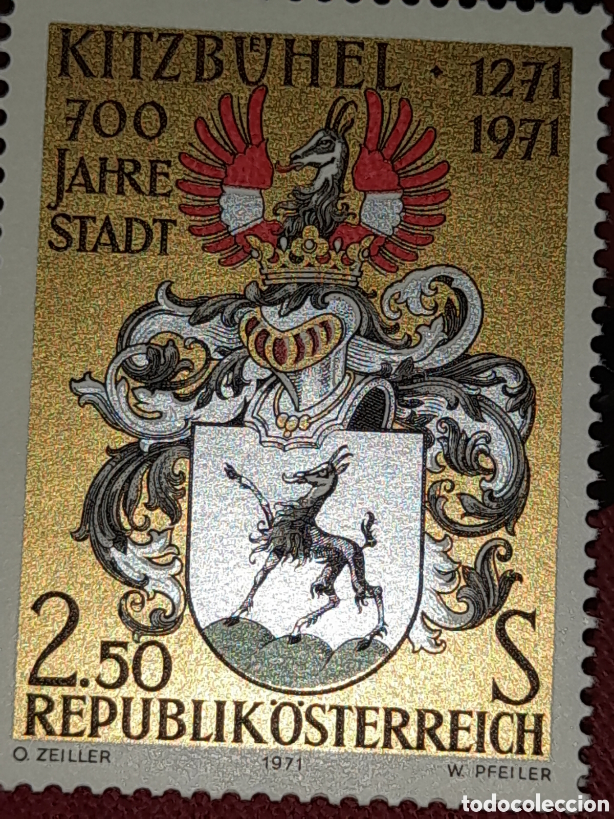 Sellos: Sello Austria nuevo 1971. 7Aniv Fundaci&oacute;n Kitzbuhel. Esxudo armas. Cabra. Animales heraldicos. Histp