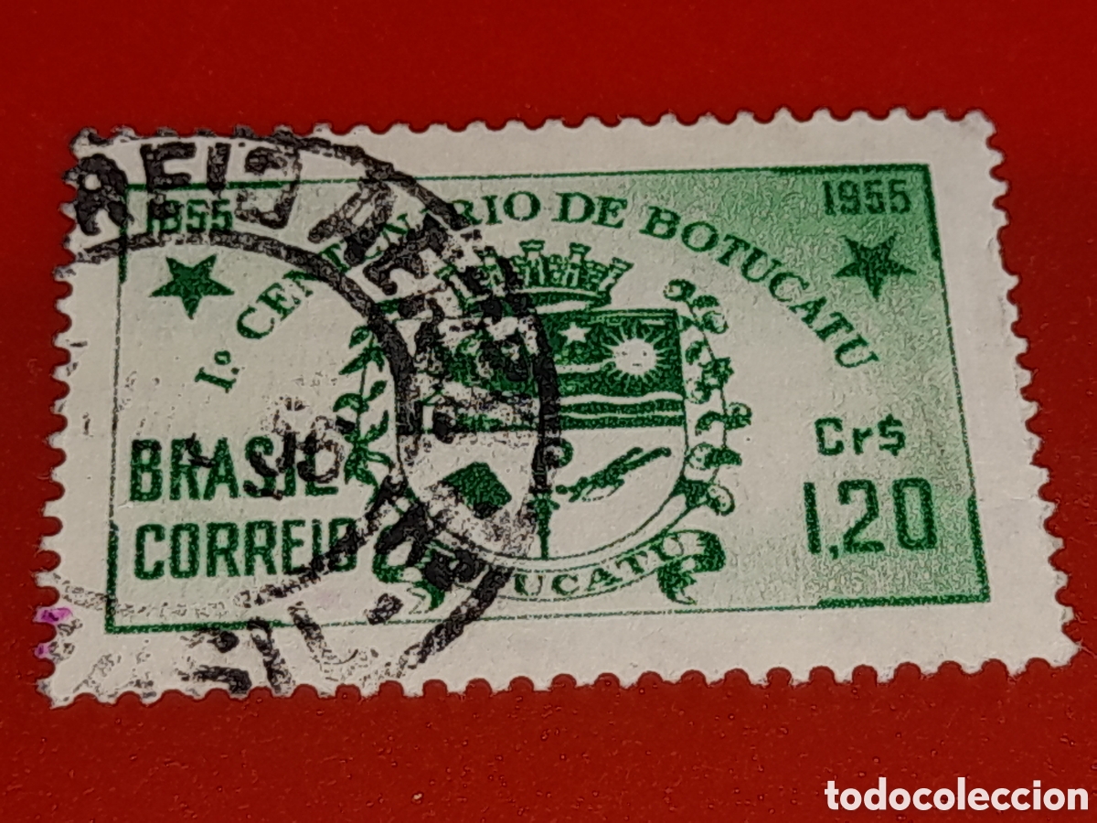 Sellos: Sello (1/2v) Brasil mtdo/udo 1955. 100Aniv ciudad Botucatu. Monta&ntilde;as. Sol. Corona.