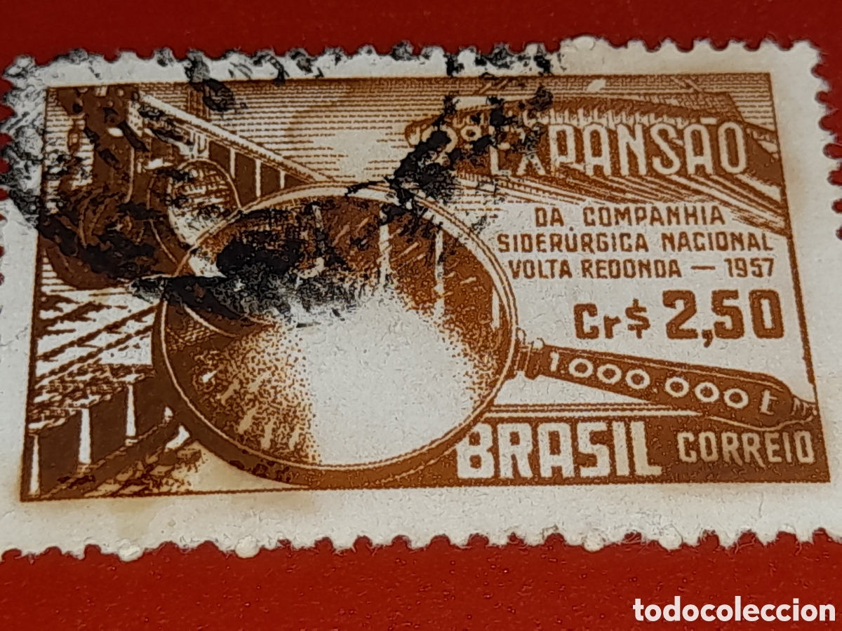 Sellos: Sello Brasil mtdo/udo 1957. 2&deg; programa expansi&oacute;n siderurgia. Industria. Fundici&oacute;n. Desarrollo.