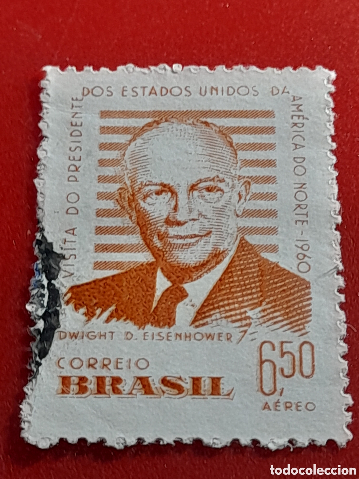 Sellos: Sello Brasil mtdo/udo 1959. Visita del presidente Eisenhower. L&iacute;der. Pol&iacute;tico. Jefe estado.