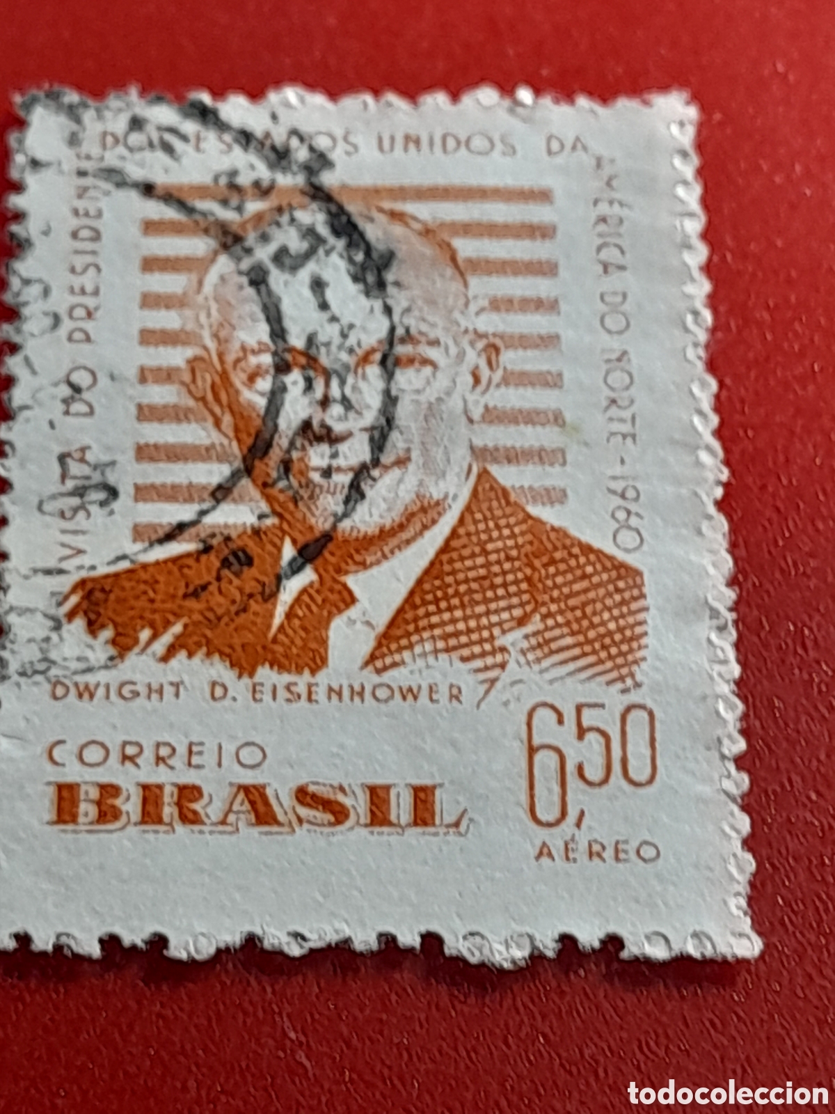 Sellos: Sello Brasil mtdo/udo 1959. Visita del presidente Eisenhower. L&iacute;der. Pol&iacute;tico. Jefe estado.