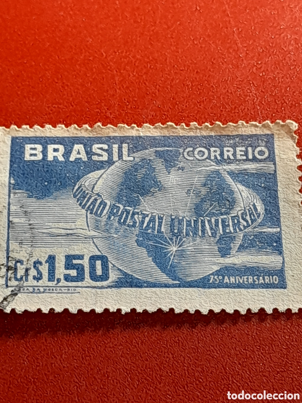 Sellos: Sello Brasil mtdo/udo 1949. 75Aniv Uni&oacute;n Postal Universal. U.P.U. Globo terr&aacute;queo. Planeta. Astro
