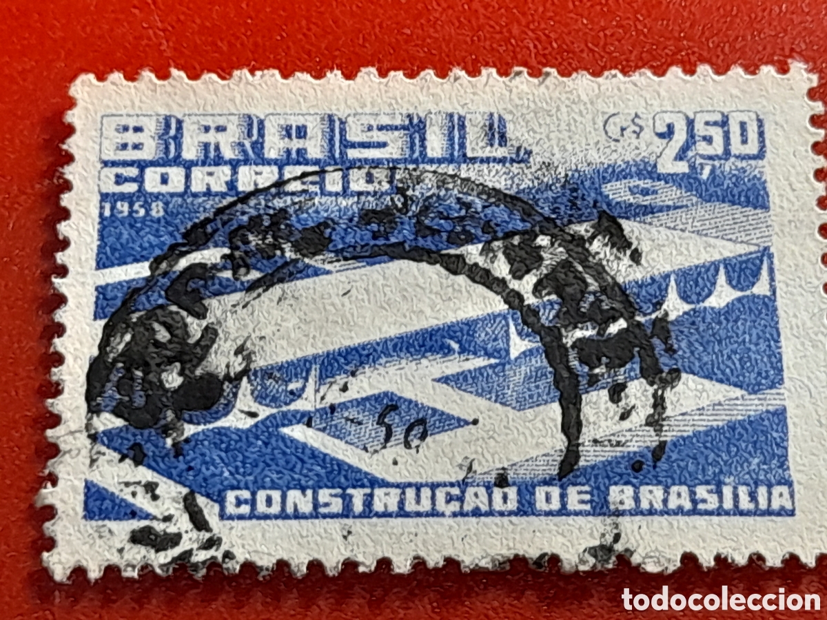 Sellos: Sello Brasil mtdo/udo 1958. Construcci&oacute;n cuidad Brasilia. Arquitectura. Urbanismo. Edificios.