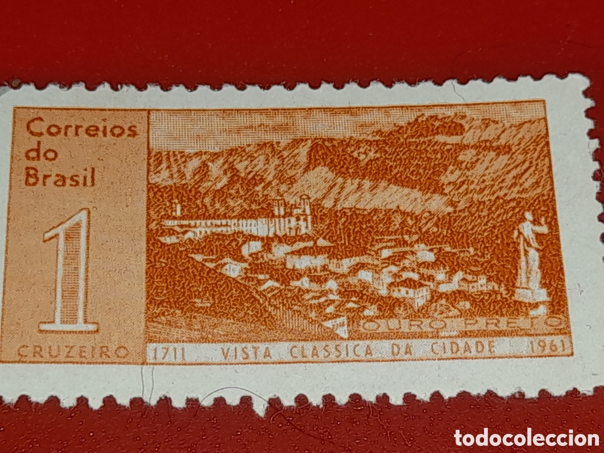 Sellos: Sello Brasil mtdo/udo 1961. 250Aniv Fundaci&oacute;n Ouro Preto. Vistas. Ciudad. Monta&ntilde;as. Geograf&iacute;a. Natur