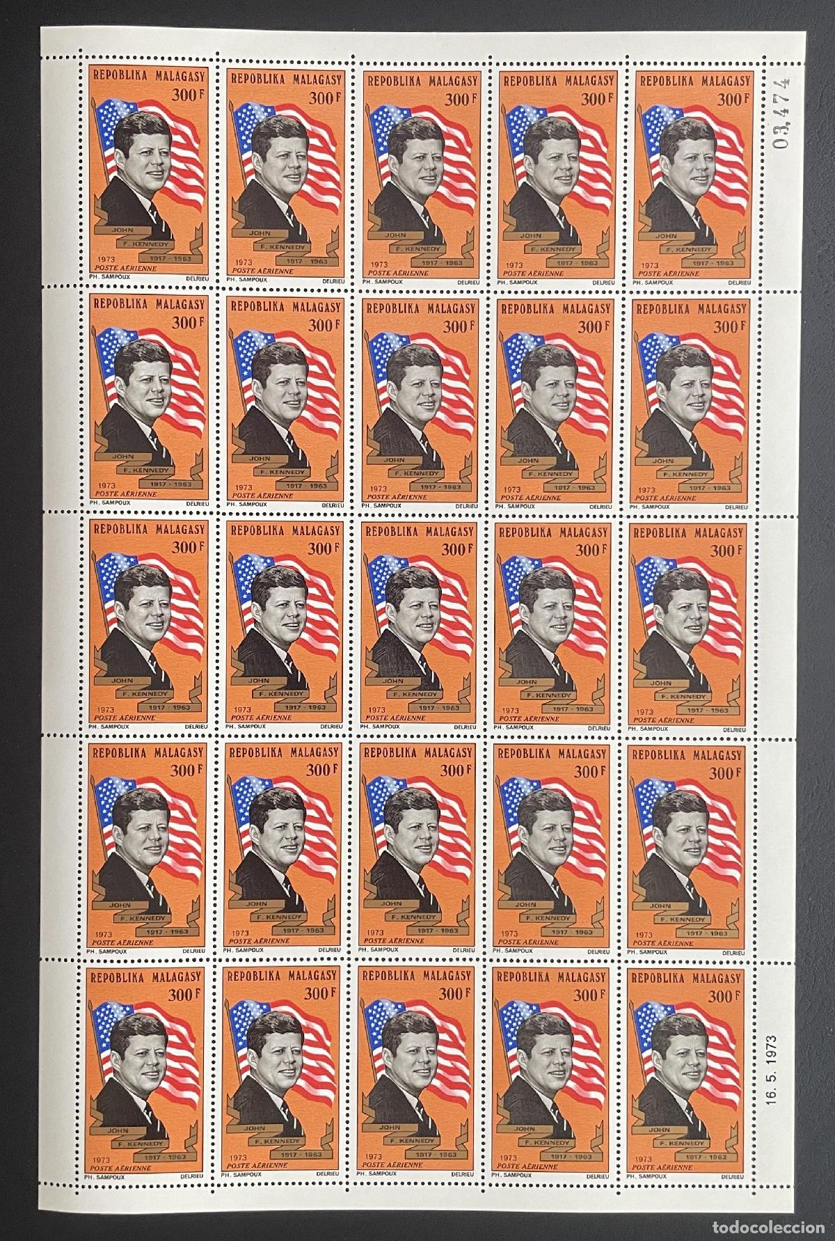 Sellos: Madagascar 1973 YT PA 132 bloque JFK presidente USA bandera Kennedy