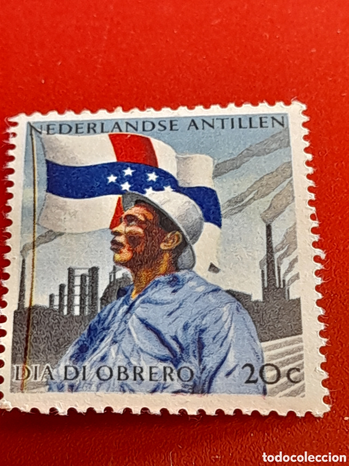 Sellos: Sello Antillas Holandesas nuevo 1960. Dia inter trabajo. Industria. Bandera. Chimeneas.